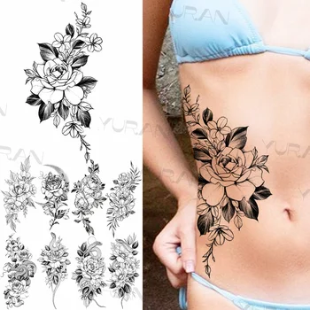 Черно голямо цвете временни татуировки за жени момичета реалистични лунна змия флора фалшив татуировка стикер секси талията ръка Tatoos DIY