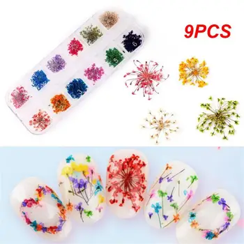 9PCS цвете нокти изкуство декорация истински мини сушени цвят стикери естествени флорални талисмани дизайни маникюр ноктите