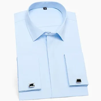 Мъжки класически френски маншети твърда рокля риза комфорт официален бизнес стандарт-годни дълъг ръкав офис работа сини ризи 3XL-4XL