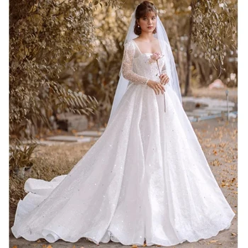 2024 Арабски Aso Ebi Луксозни формован кристали булчински рокли площадна яка врата линия реколта дълго сватбени рокли с къдри
