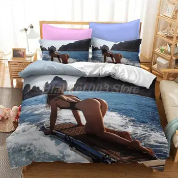 Секси жени спално бельо комплект плаж бикини красота пухени покрива калъфки за възглавници високо качество легло двойна кралица крал размери спално бельо