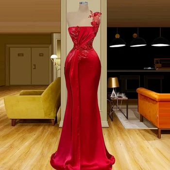 2021 Червени дълги вечерни рокли Едно рамо Официални рокли Жена Парти Нощ Скъпа сатенена вестидос де фиеста Абитуриентска рокля