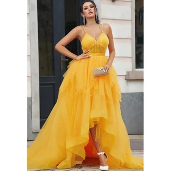 Тюл V-образно деколте абитуриентска рокля Жълти спагети презрамки A-Line Vestidos de fiesta Официални вечерни рокли за жени 2024 Персонализирана плюс размер