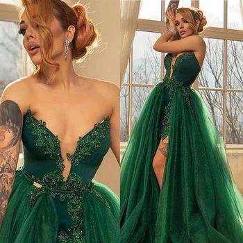 Зелени пухкави вечерни рокли по поръчка класически пайети от рамото парти рокля подвижна влак русалка висока цепка рокля