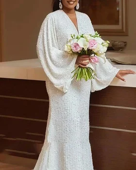 2024 Пайети бели африкански сватбени парти рокли за жени пролет африкански дълъг ръкав v-образно деколте вечер макси рокли Африка облекло