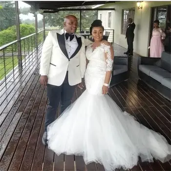 Плюс размер Южна Африка русалка сватбени рокли дантела половин ръкав етаж дължина дантела апликация тюл сватбени рокли