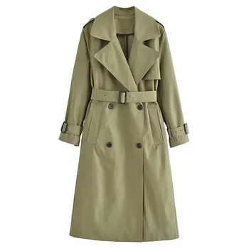 Жени 2023 Нова мода с колан двуреден памук дълъг стил тренч джобове дълъг ръкав женски връхни дрехи шик палто
