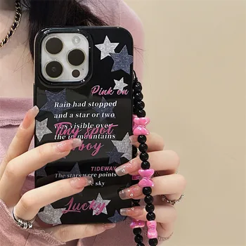 Korea Pink English Letter Star Jelly Black Phone Case Chain For iPhone 14 13 11 12 Pro Max mini 8 7 Plus XS XR Bow Lanyard Cover