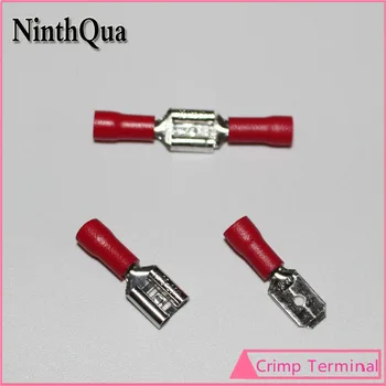 100pcs 6.3mm Клем за кримпване на лопата 6.3 Мъжки женски предварително изолирани червени електрически конектори за 22- 16AWG тел / 0.5-1.5mm2 кабел