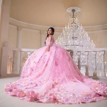 Розово от рамото Quinceanera рокля флорални топка рокля кристали корсет конкурс сладък 15 парти вестидос де XV Ано