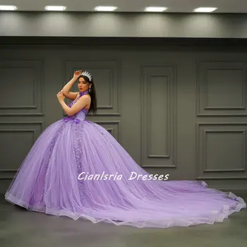 люляк кристал мъниста топка рокля Quinceanera рокли Sweetheart 3D цветя апликации дантела корсет vestidos de 15 años