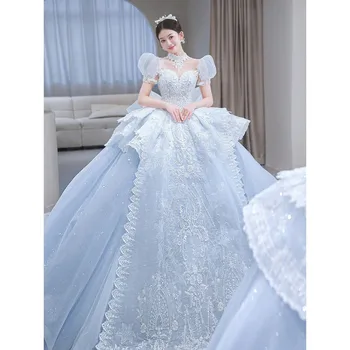 2023 Нови ледено сини сватбени рокли Лъскава пайети сватбена рокля с влак луксозна дантела топка рокля принцеса рокля за жени