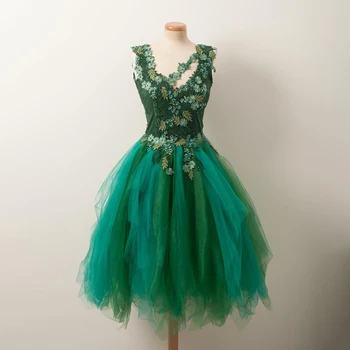 Зелена мини дължина бродирани 3D абитуриентски рокли цветове по поръчка апликирани два тона принцеса празник над коляното тюл танцова рокля