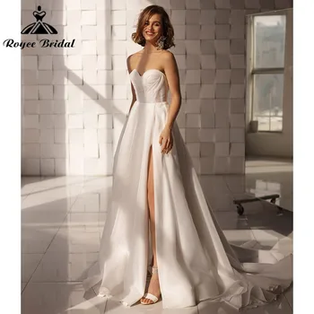 Плаж Плисета на линия Скъпа сплит странична сватбена рокля с подвижен буфан ръкав vestido para boda playa Roycebridal 2022