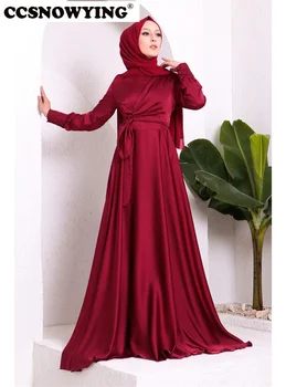 Бургундски дълъг ръкав мюсюлмански вечерни рокли ислямски сатен високо деколте официално парти рокля хиджаб арабски кафтан роби де соаре