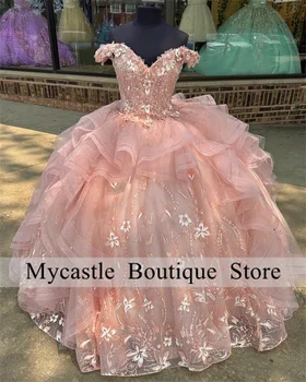 Розови къдри Quinceanera рокли топка рокля с дантела апликации мъниста сладък 16 рокля рожден ден рокля дантела нагоре vestidos de 15 años