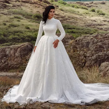 Луксозни арабски мюсюлмански дантелени сватбени рокли Бели дълги ръкави Линия с високо деколте булка булчинска рокля Sweep Train Vestido De Novia