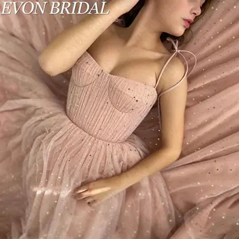 EVON BRIDAL Романтичен розов сладък тюл парти рокли реколта спагети презрамки A-Line абитуриентски рокли без ръкави халати де соаре