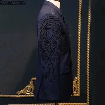 Dark Navy Crystal Beading Men Suits Two Pieces Groom Wear (яке + панталони)