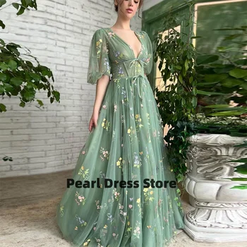 Зелена бродирана дантелена абитуриентска рокля Балон ръкав A-line сватбена парти рокля без гръб тюл вечерна рокля 2023