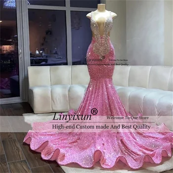 Секси блестяща розова русалка абитуриентска рокля с кристален кристал Официални вечерни парти рокли без ръкави съд влак халат де соаре