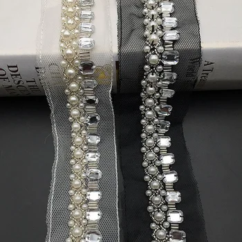 2 ярда Бяла черна перла формован Trim 4CM кристални мъниста дантела подстригване за крило, лента за глава, колан сватбена декорация