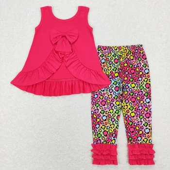Търговия на едро бебе момиче без ръкави памучни върхове цветни леопардови волани панталони деца деца детски детски комплекти за малки деца