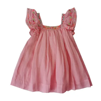 Бебе момиче лято бродирани без ръкави розова принцеса рокля памук бельо квадратна яка а-линия рокля