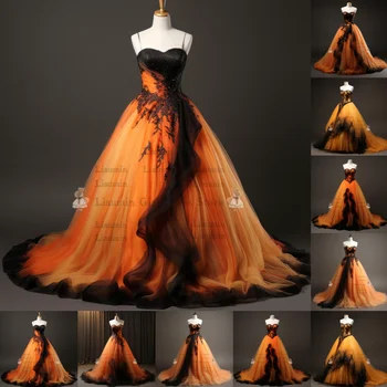 Нова оранжева и черна дантела апликация тюл топка рокля пълна дължина вечерно парти облекло официална абитуриентска рокля ръчно изработени по поръчка W2-16