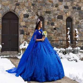 Royal Blue Bling Quinceanera рокли Луксозен кристал 3D цвете апликация с Cape Princess рожден ден парти Vestidos de 15 años