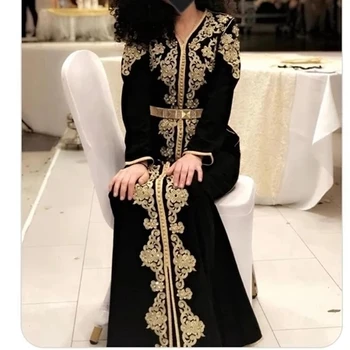 черен марокански кафтан кафтан мюсюлмански вечерни рокли A-line дълги ръкави апликации мъниста Дубай Арабски Турция Abaya ислямска рокля