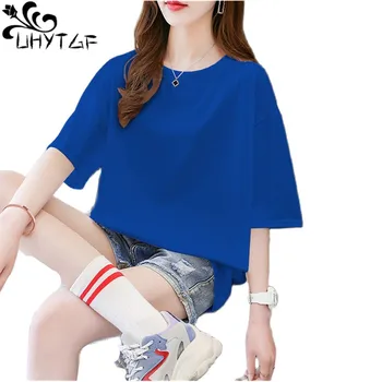 UHYTGF 5XL извънгабаритна тениска Дамски пуловер с къс ръкав Удобни памучни тънки върхове Женски корейски летни тениски Дами 2547