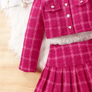 Малко дете бебе момиче есен зимни дрехи яке и пола комплект карирана жилетка плисирана пола с шапка комплект официални екипи