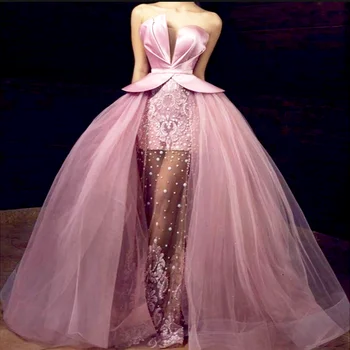 Розови вечерни рокли без презрамки Жените луксозни без ръкави перла мъниста принцеса Goegeous сватба топка рокля бала рокля гала Макси