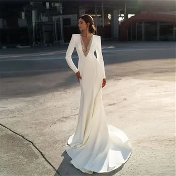 Елегантни мъниста отвесни V врата бяла русалка сватбени рокли дълги ръкави сатенена булчинска рокля за жена плажна роба De Mariee 2024