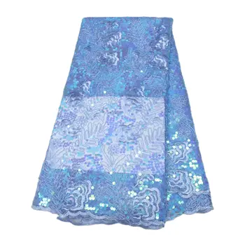Африкански пайети Френски дантелен плат, синя мрежа, тюл дантелени тъкани за шиене, мода, 5 ярда