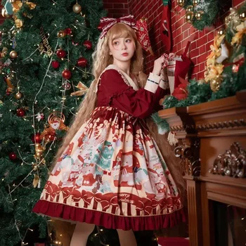 Жените Коледа мечка модел Лолита стил рокля женски сладък принцеса рокля парти етап изпълнение фотография изящна рокля