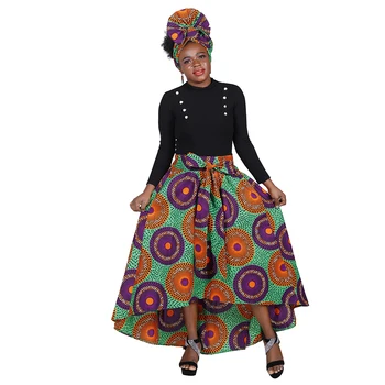 Африкански принт поли за жени Макси Дашики дълга пола мода елегантна еластична талия с шал за глава wy10072