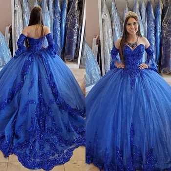 Принцеса Арабска кралско синя Quinceanera рокли 2022 дантела апликация мъниста скъпа абитуриентски рокли дантела нагоре сладък 16 парти рокля