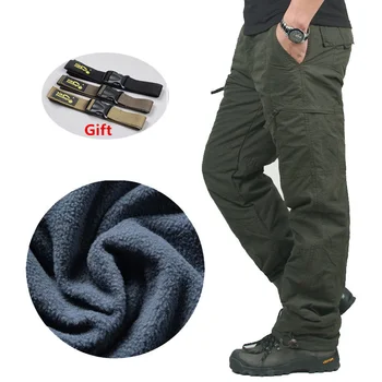 Зимни дебели руно карго панталони мъжки памук военни тактически торбести случайни двоен слой плюс кадифе топло термо панталони