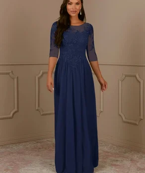 Lorencia Елегантен флот синьо майка на булката рокля половин ръкав шифон с дантела апликация за сватбени тържества рокли за гости YMD34