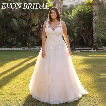 EVON BRIDAL гражданска дантела сватбена рокля плюс размер A-линия двойна v-образно деколте без ръкави булката рокля апликация по поръчка роба De Mariée