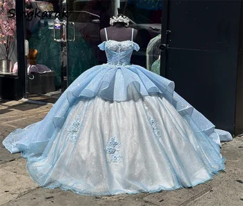 Небесно синя принцеса Quinceanera Презрамки за рокля Апликация Перли Кристали Мъниста Блестяща Пепеляшка Сладка 16 Рокля Vestidos De 15 Años