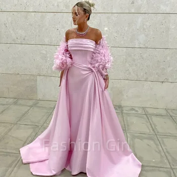 Елегантен розов сатен без презрамки пера Ruched русалка вечерна рокля коктейл бала рокля с шал за секси жени обичай 2024