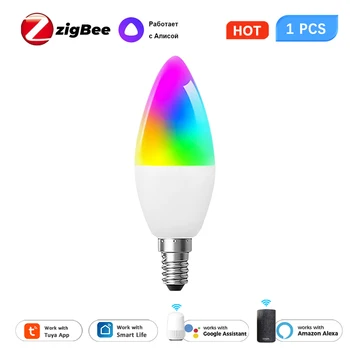 Tuya Zigbee Smart Candle Light E14 RGB + CCT 100-240V 5W Димируема LED крушка Гласов контрол работа с Alexa Google Home Yandex