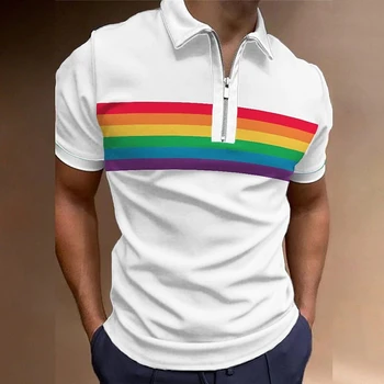Мъжка поло риза голф риза Rainbow Turndown Olive Rainbow 3D печат на открито улица къси ръкави цип печат облекло дизайнер