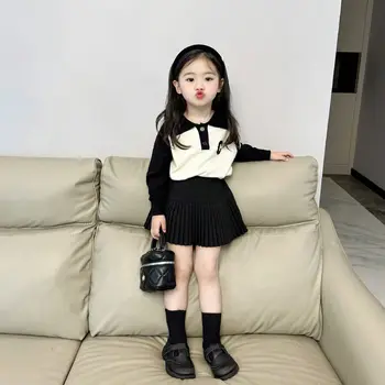 Детски корейски контраст плетен пуловер есен нови момичета модни случайни писмо бродирани врата отгоре