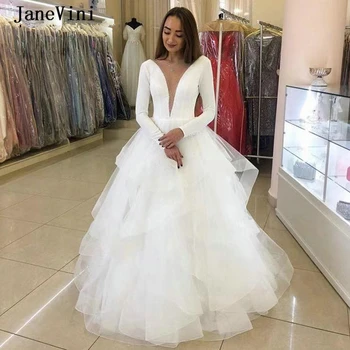 JaneVini 2020 Секси бяла топка рокля къдри сватбени рокли дълбоко V врата дълъг ръкав мъниста тюл почистване влак африкански булчински рокли
