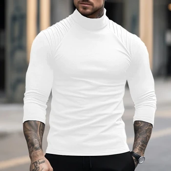 Half High Neck Men Solid Long Sleeve T-Shirts Spring Autumn New Male Clothes Tees Versatile Fashion Basic Bottoming Casual Tops