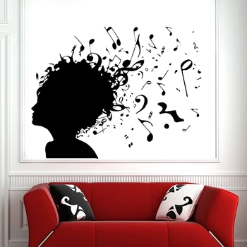 Музика момичета стена Decal винил музикални бележки момиче главата спалня хол стена стикери сменяеми декорация на дома тапет Z242